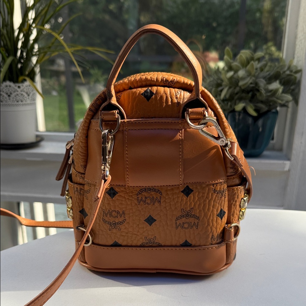 Authentic Mcm Cognac Leather Small Backpack Cross… - image 4